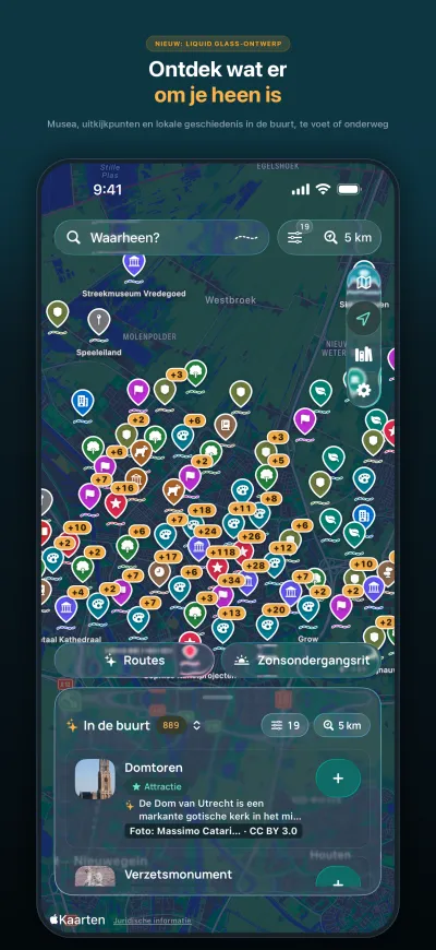 WanderWay 2.2: Een nieuwe Liquid Glass-look voor pins, routes en knoppen, licht en donker.