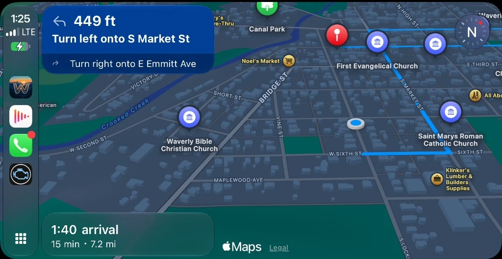 WanderWay on CarPlay with turn guidance and upcoming discoveries in Waverly, Ohio