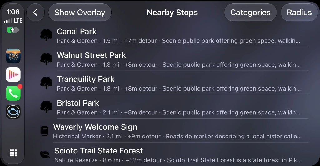 CarPlay Nearby Stops with detour time estimates