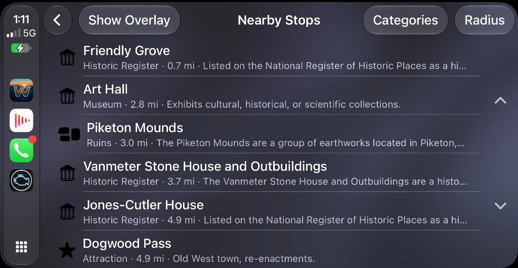CarPlay Nearby Stops featuring historic register landmarks