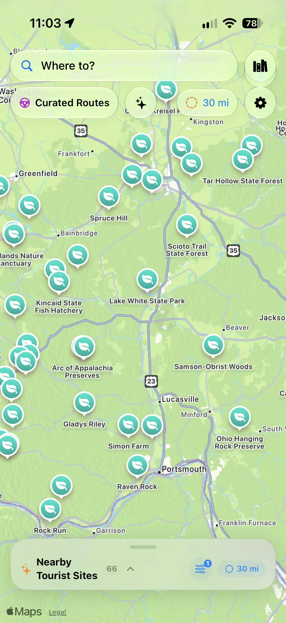 WanderWay showing local results with only parks and gardens selected