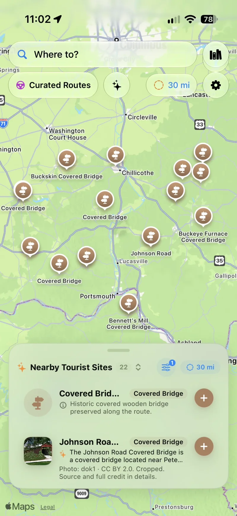WanderWay map showing 22 covered bridge sites across rural Ohio