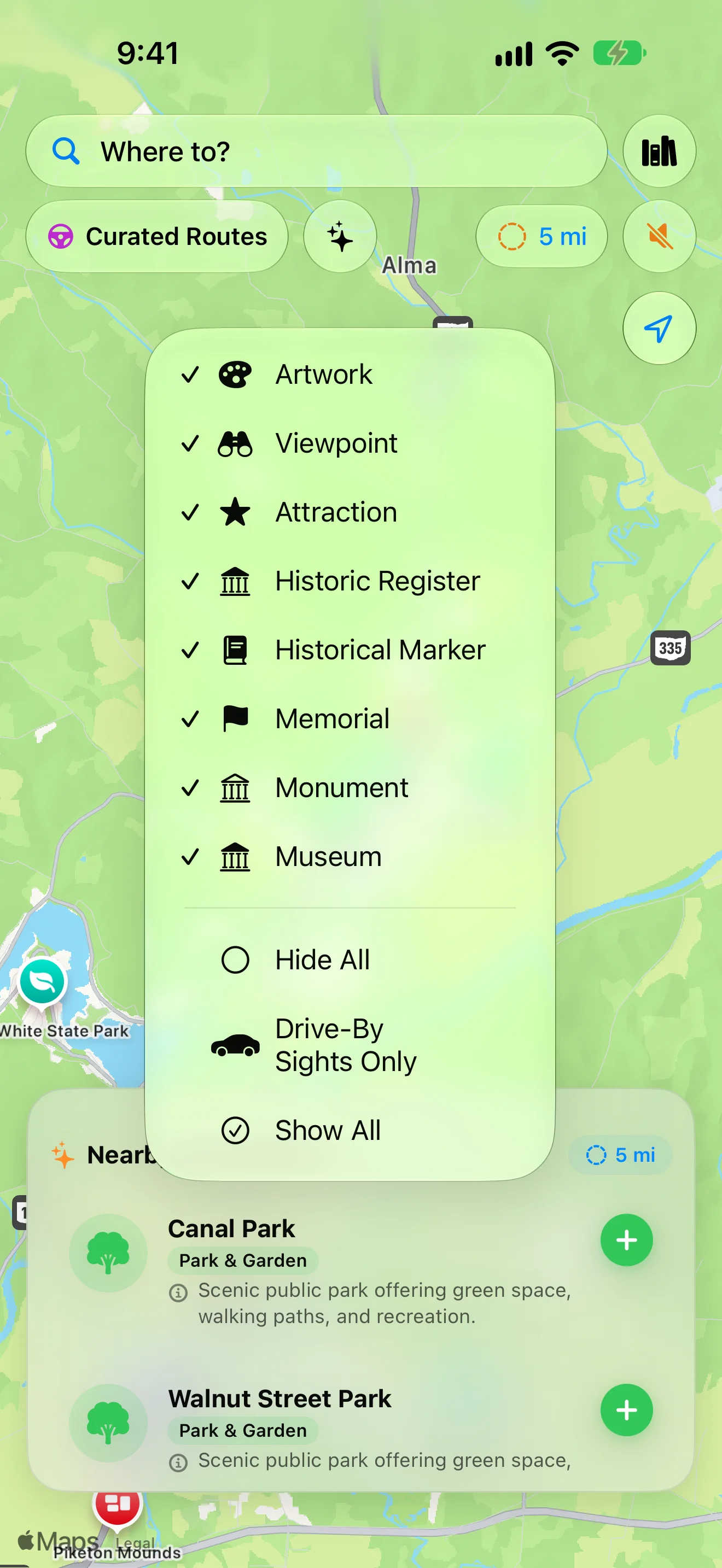 Category filter menu with Show All and Drive-By options