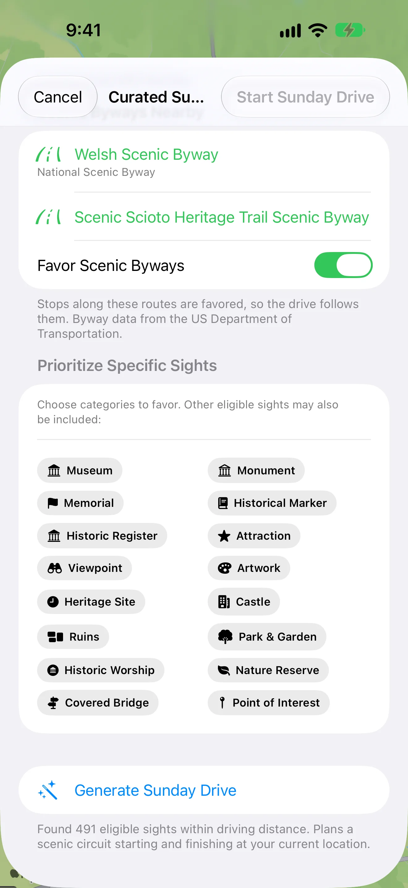 All 16 sightseeing categories available for filtering and route building