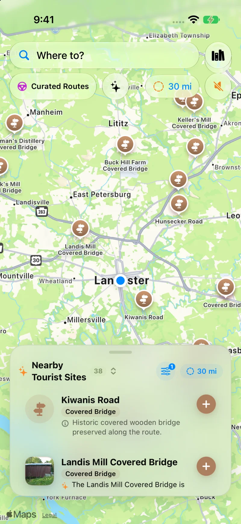 WanderWay displaying 38 historic covered bridges in Lancaster County, Pennsylvania