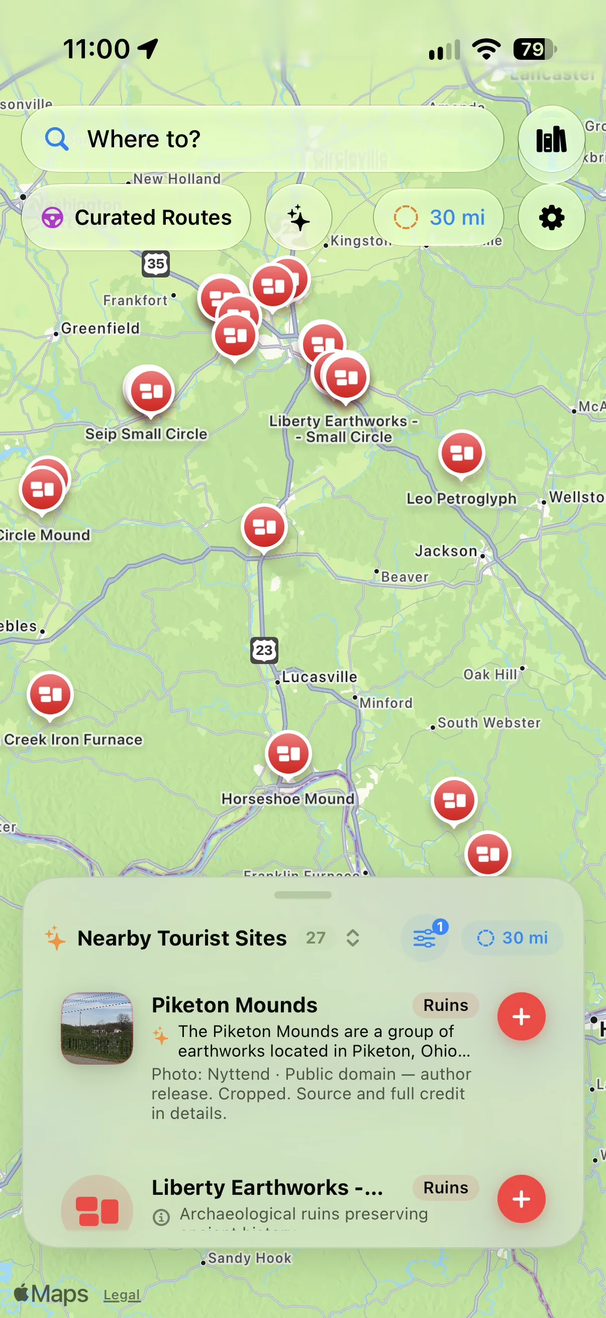 Ancient earthworks and ruins search (Piketon Mounds, 27 sites)