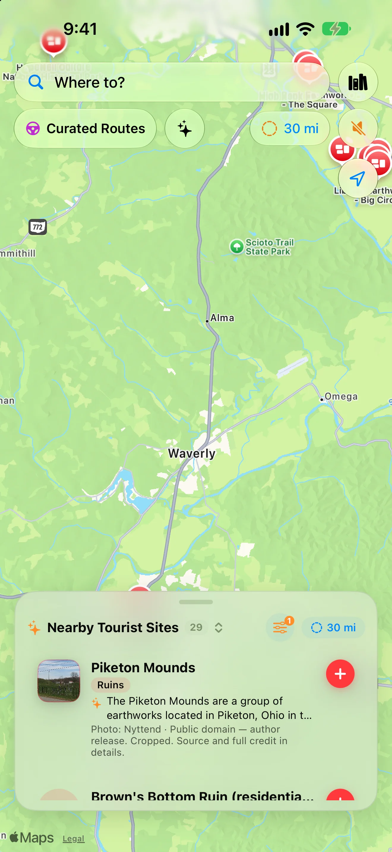 Ancient earthworks and ruins search (Piketon Mounds, 27 sites)